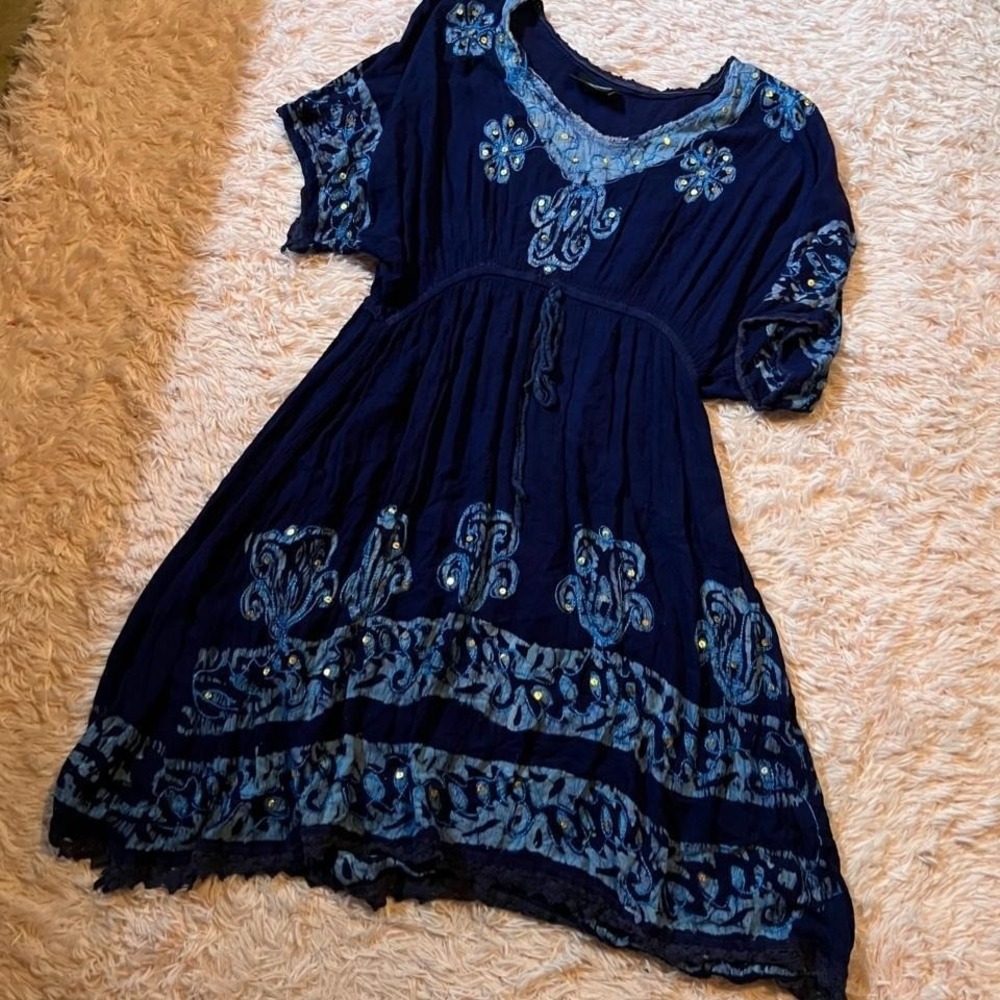 Navy Embroidered Fairy Core Hippie Goddess Indie Dress Womens L Boho Ethereql
